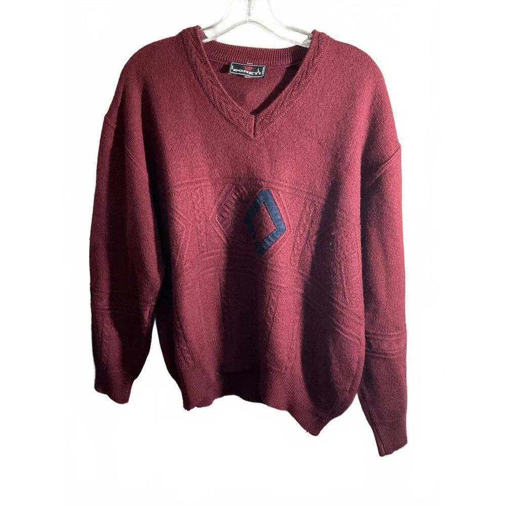 Vintage Boneti V-Neck Pullover Sweater - Burgundy & Blue Accent